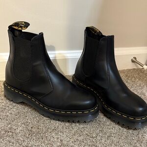 Dr. AirWair Martens Black Leather Boots with Yellow Stitching